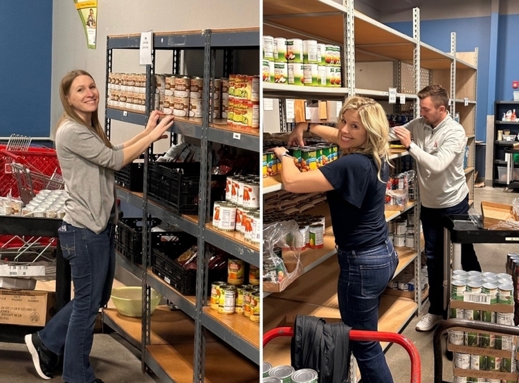 Volunteers stocking food pantry shelves